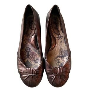 Born Julianne Metallic Bronze Leather Ballet Flats Pleated Knot Toe Shoes Sz 6.5
